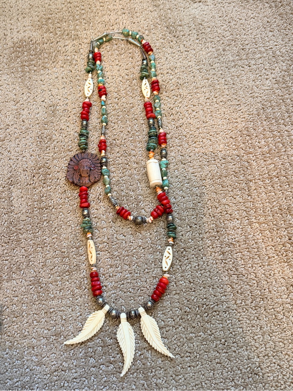 Carved Bone & Leather Chief Necklace w Heish Turquoise, Coral, Spiney Oyster - Picture 3 of 11